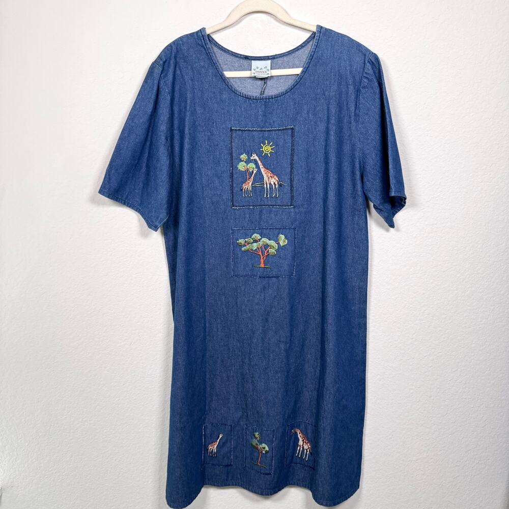 Vintage Denim Shift Dress Sz XL Safari Artsy Art Teacher Embroidered Cotton Blue